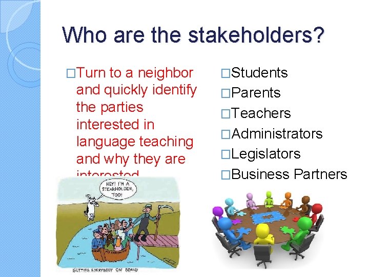 Who are the stakeholders? �Turn to a neighbor and quickly identify the parties interested