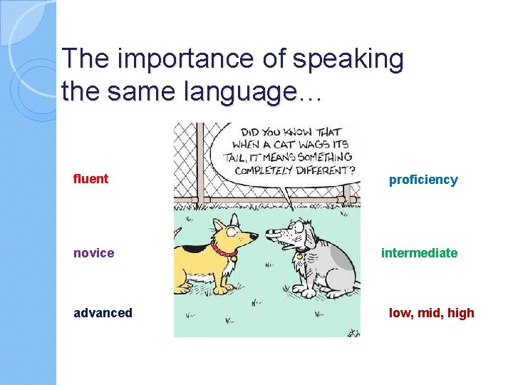 The importance of speaking the same language… fluent novice advanced proficiency intermediate low, mid,