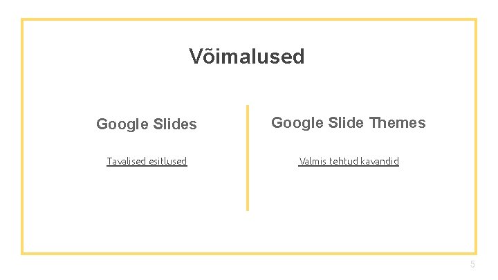 Võimalused Google Slides Google Slide Themes Tavalised esitlused Valmis tehtud kavandid 5 