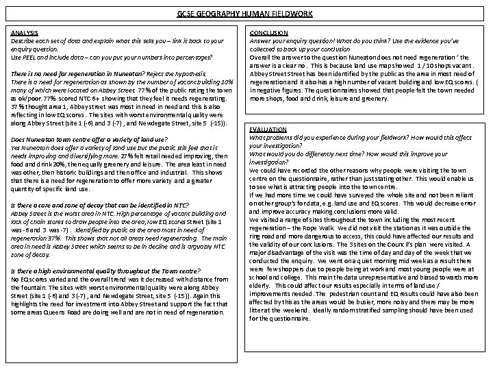 GCSE GEOGRAPHY HUMAN FIELDWORK ANALYSIS Describe each set of data and explain what this
