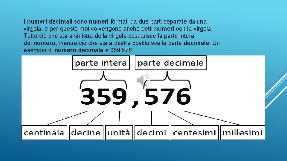 I numeri decimali sono numeri formati da due parti separate da una virgola, e