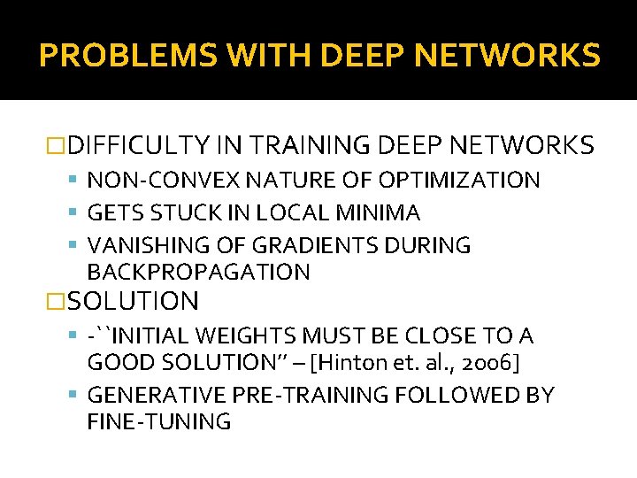 PROBLEMS WITH DEEP NETWORKS �DIFFICULTY IN TRAINING DEEP NETWORKS NON-CONVEX NATURE OF OPTIMIZATION GETS