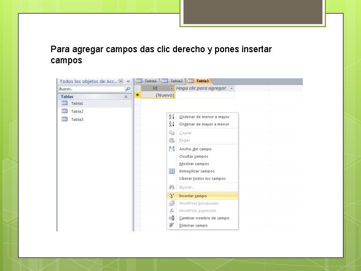 Para agregar campos das clic derecho y pones insertar campos 
