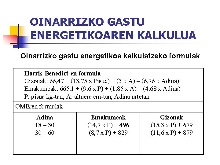 OINARRIZKO GASTU ENERGETIKOAREN KALKULUA Oinarrizko gastu energetikoa kalkulatzeko formulak Harris-Benedict-en formula Gizonak: 66, 47