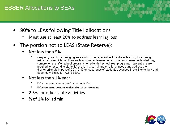 ESSER Allocations to SEAs • 90% to LEAs following Title I allocations • Must