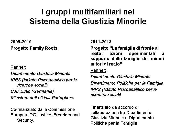 I gruppi multifamiliari nel Sistema della Giustizia Minorile 2009 -2010 Progetto Family Roots Partner: