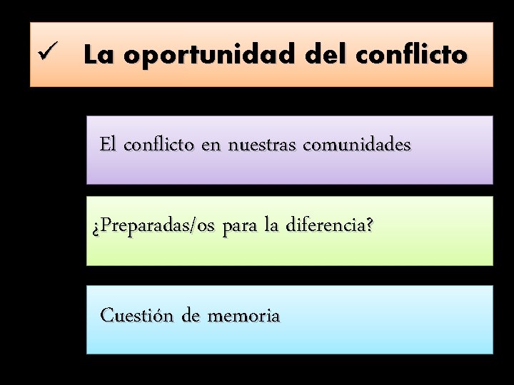 ü La oportunidad del conflicto El conflicto en nuestras comunidades ¿Preparadas/os para la diferencia?