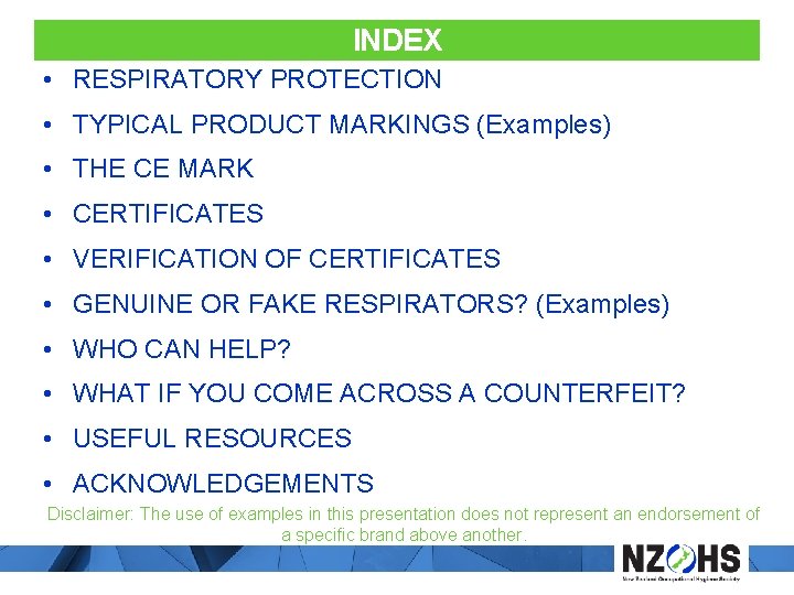 INDEX • RESPIRATORY PROTECTION • TYPICAL PRODUCT MARKINGS (Examples) • THE CE MARK •