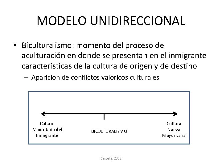 MODELO UNIDIRECCIONAL • Biculturalismo: momento del proceso de aculturación en donde se presentan en