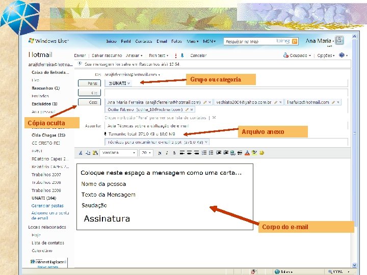 Grupo ou categoria Cópia oculta Arquivo anexo Corpo do e-mail 