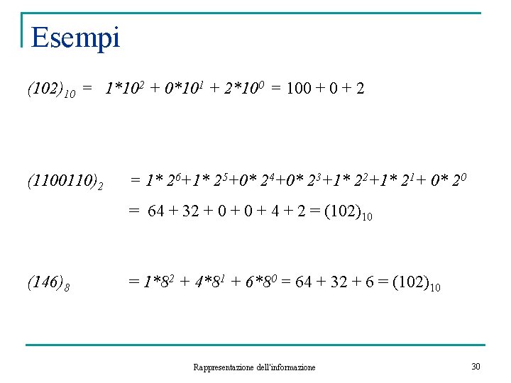 Esempi (102)10 = 1*102 + 0*101 + 2*100 = 100 + 2 (1100110)2 =