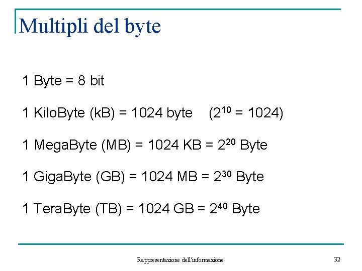 Multipli del byte 1 Byte = 8 bit 1 Kilo. Byte (k. B) =