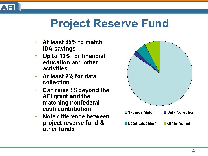 Project Reserve Fund • At least 85% to match IDA savings • Up to Project Reserve Fund • At least 85% to match IDA savings • Up to