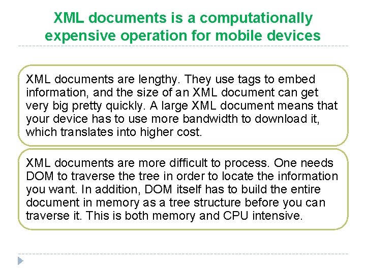 XML documents is a computationally expensive operation for mobile devices XML documents are lengthy.