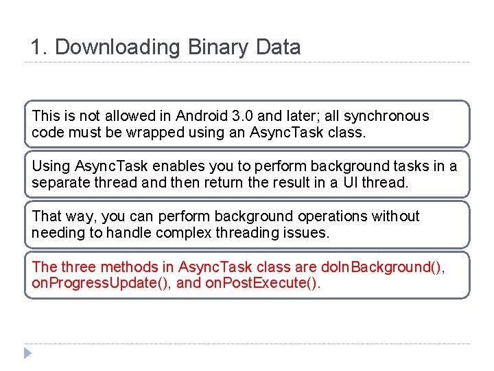 1. Downloading Binary Data This is not allowed in Android 3. 0 and later;