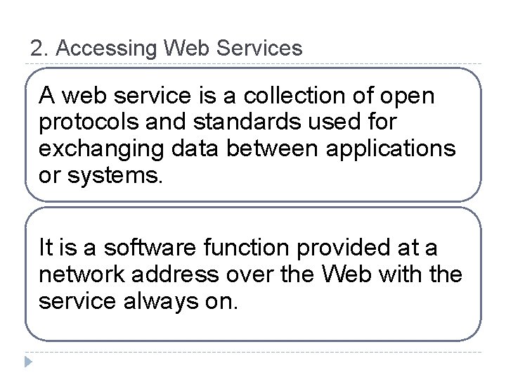 2. Accessing Web Services A web service is a collection of open protocols and