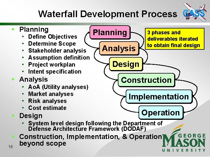 Waterfall Development Process § Planning • • • Define Objectives Determine Scope Stakeholder analysis