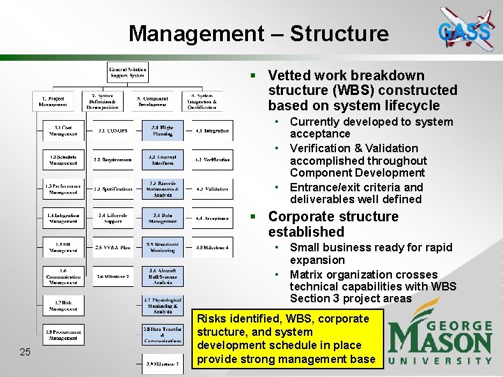 Management – Structure § Vetted work breakdown structure (WBS) constructed based on system lifecycle