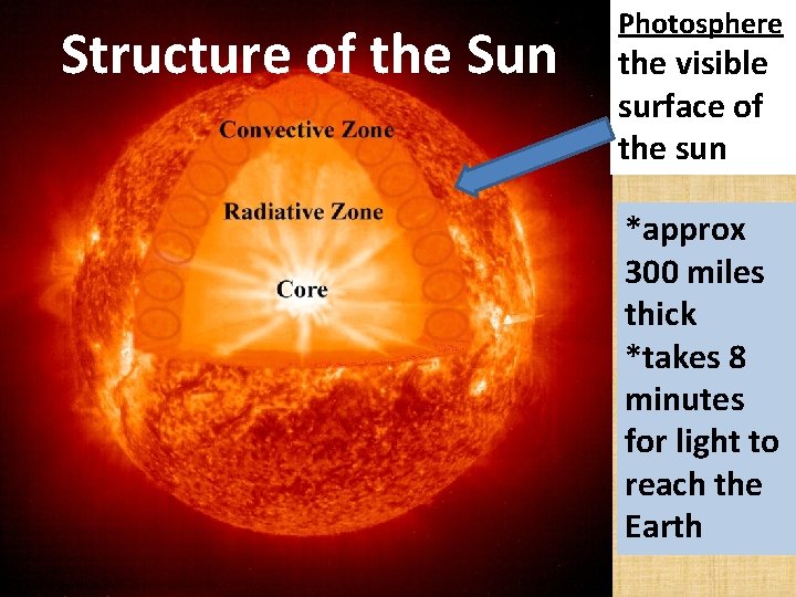 Structure of the Sun Photosphere the visible surface of the sun *approx 300 miles