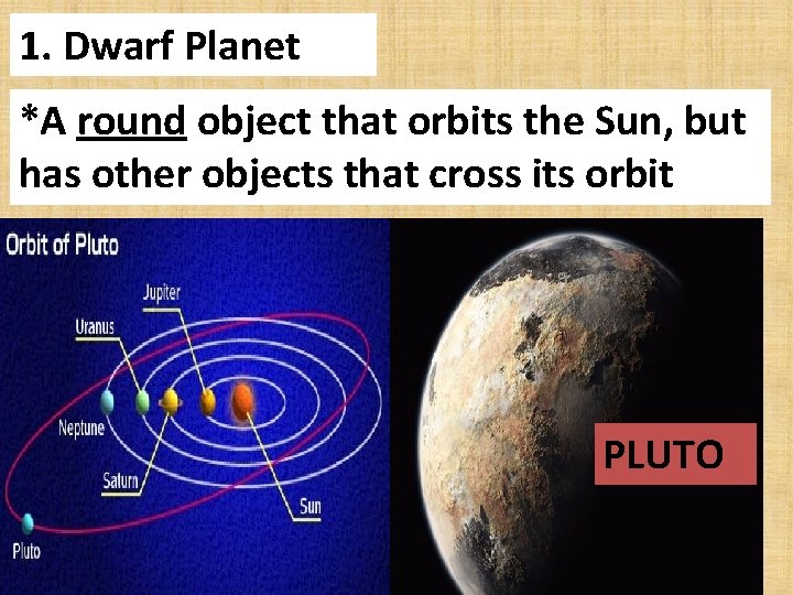 1. Dwarf Planet *A round object that orbits the Sun, but has other objects