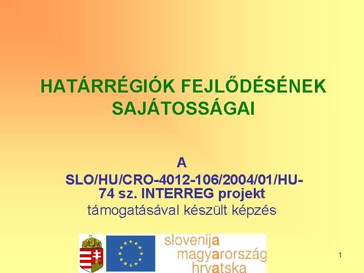 HATÁRRÉGIÓK FEJLŐDÉSÉNEK SAJÁTOSSÁGAI A SLO/HU/CRO-4012 -106/2004/01/HU 74 sz. INTERREG projekt támogatásával készült képzés 1
