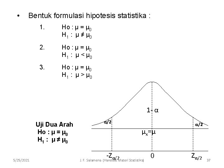  • Bentuk formulasi hipotesis statistika : 1. Ho : µ = µ 0