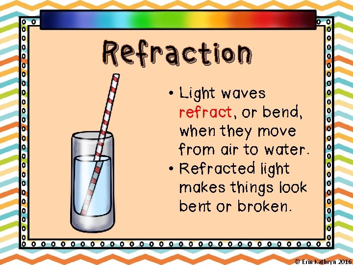 Refraction • Light waves refract, or bend, when they move from air to water.