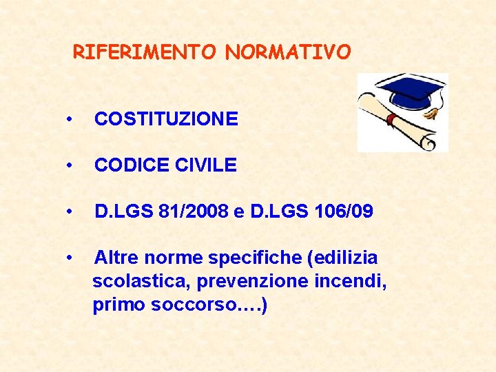 RIFERIMENTO NORMATIVO • COSTITUZIONE • CODICE CIVILE • D. LGS 81/2008 e D. LGS