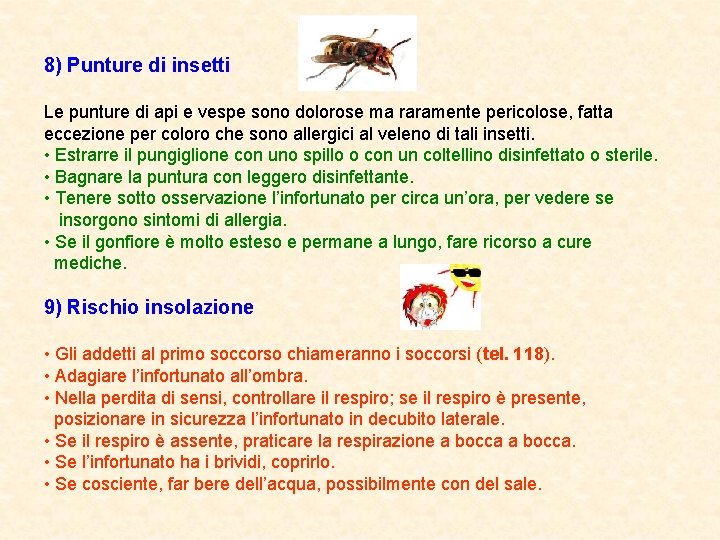 8) Punture di insetti Le punture di api e vespe sono dolorose ma raramente