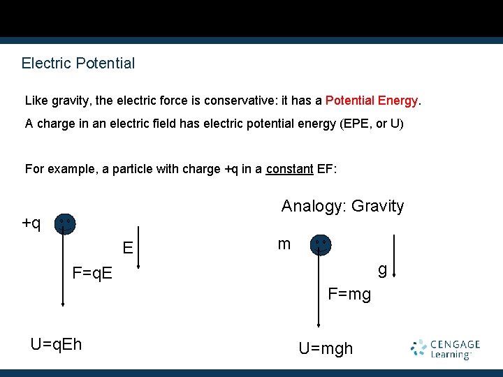 Electric Potential Like gravity, the electric force is conservative: it has a Potential Energy.