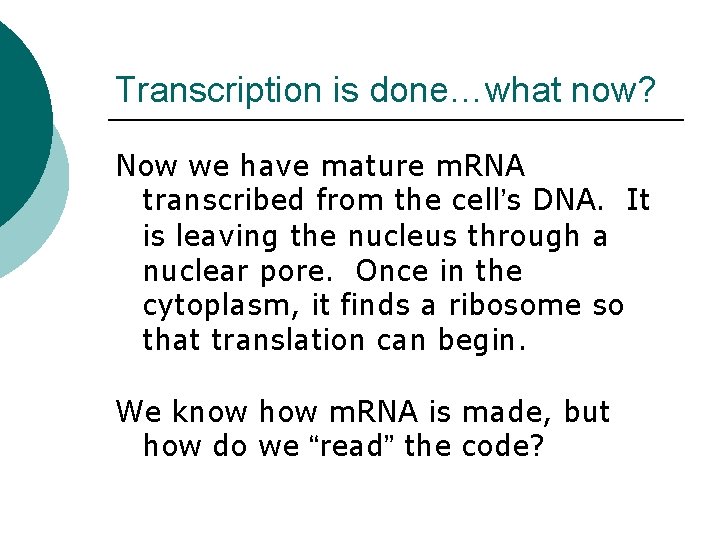 Transcription is done…what now? Now we have mature m. RNA transcribed from the cell’s Transcription is done…what now? Now we have mature m. RNA transcribed from the cell’s