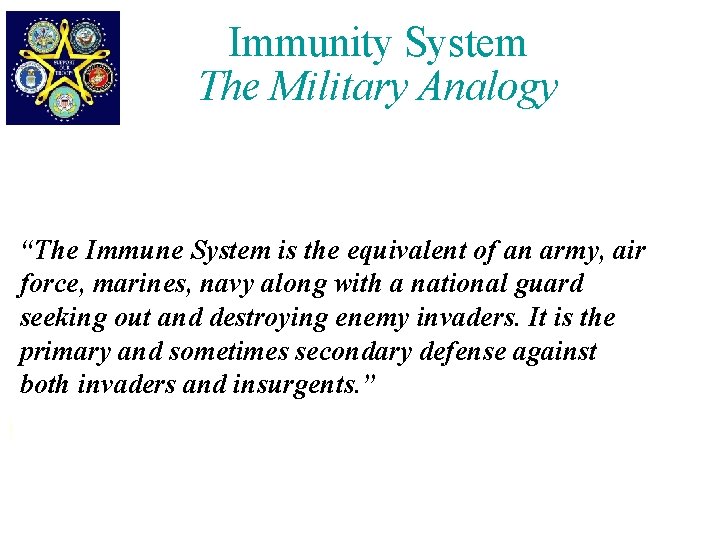 Immunity System The Military Analogy To maintain safety and health of system (nation and