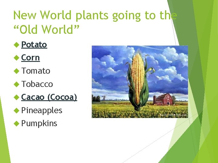 New World plants going to the “Old World” Potato Corn Tomato Tobacco Cacao (Cocoa)