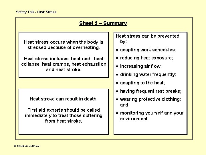 Safety Talk - Heat Stress Sheet 5 – Summary Heat stress occurs when the Safety Talk - Heat Stress Sheet 5 – Summary Heat stress occurs when the