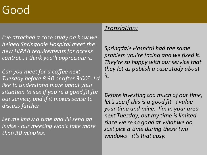 Good Translation: I've attached a case study on how we helped Springdale Hospital meet Good Translation: I've attached a case study on how we helped Springdale Hospital meet