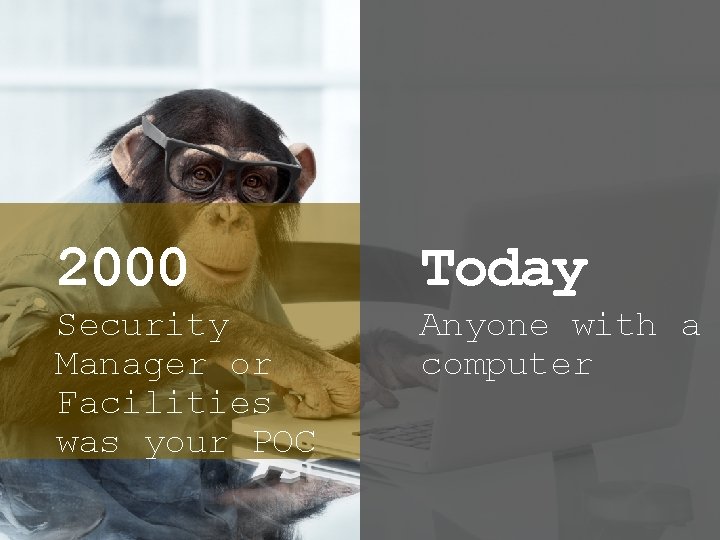 2000 Today Security Manager or Facilities was your POC Anyone with a computer 2000 Today Security Manager or Facilities was your POC Anyone with a computer