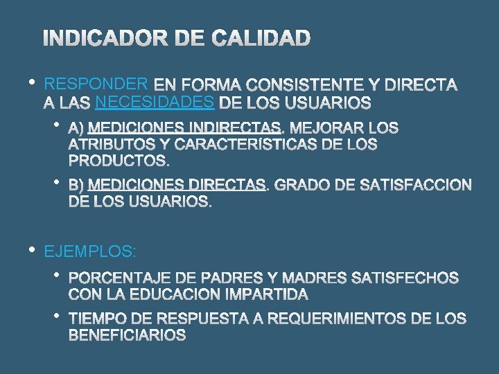 INDICADOR DE CALIDAD • RESPONDER NECESIDADES • • • EJEMPLOS: • • 