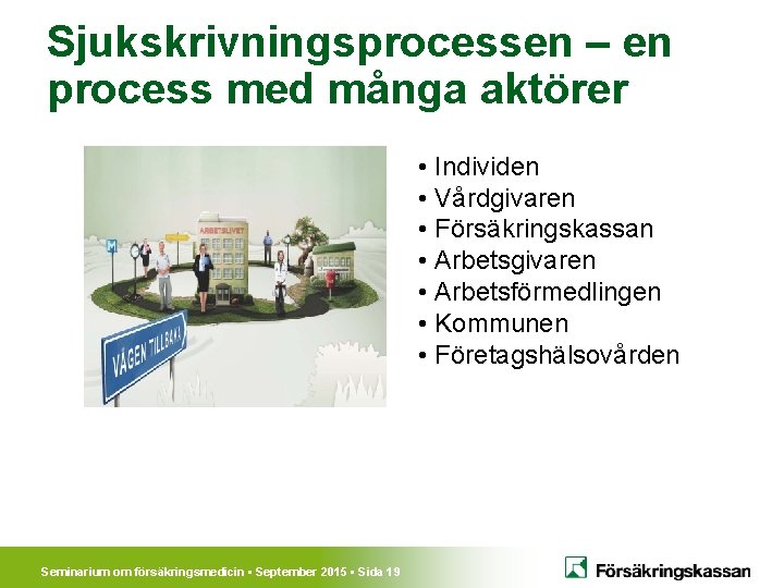 Sjukskrivningsprocessen – en process med många aktörer • Individen • Vårdgivaren • Försäkringskassan •