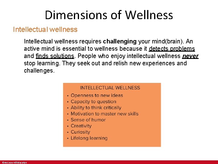 Dimensions of Wellness Intellectual wellness requires challenging your mind(brain). An active mind is essential