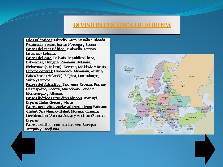 DIVISION POLITICA DE EUROPA Islas atlánticas: Islandia, Gran Bretaña e Irlanda. Península escandinava: Noruega