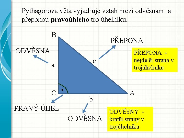 Pythagorova věta vyjadřuje vztah mezi odvěsnami a přeponou pravoúhlého trojúhelníku. B PŘEPONA ODVĚSNA c