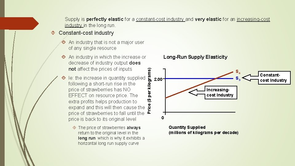 Supply is perfectly elastic for a constant-cost industry and very elastic for an increasing-cost