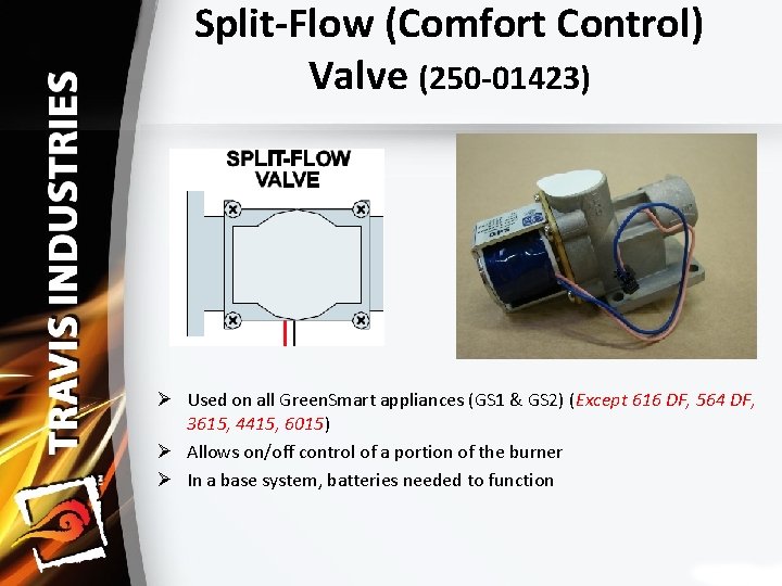 Split‐Flow (Comfort Control) Valve (250‐ 01423) Ø Used on all Green. Smart appliances (GS