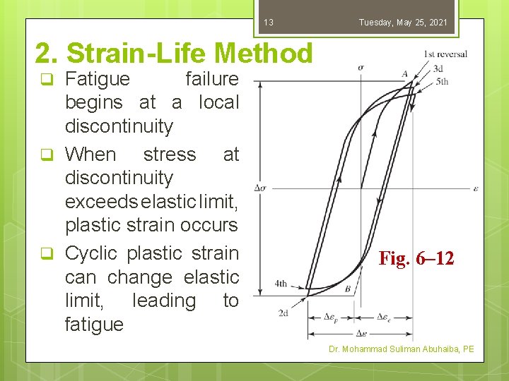 13 Tuesday, May 25, 2021 2. Strain-Life Method Fatigue failure begins at a local