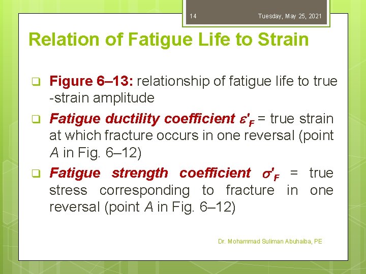 14 Tuesday, May 25, 2021 Relation of Fatigue Life to Strain q q q