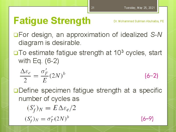 21 Fatigue Strength Tuesday, May 25, 2021 Dr. Mohammad Suliman Abuhaiba, PE q For