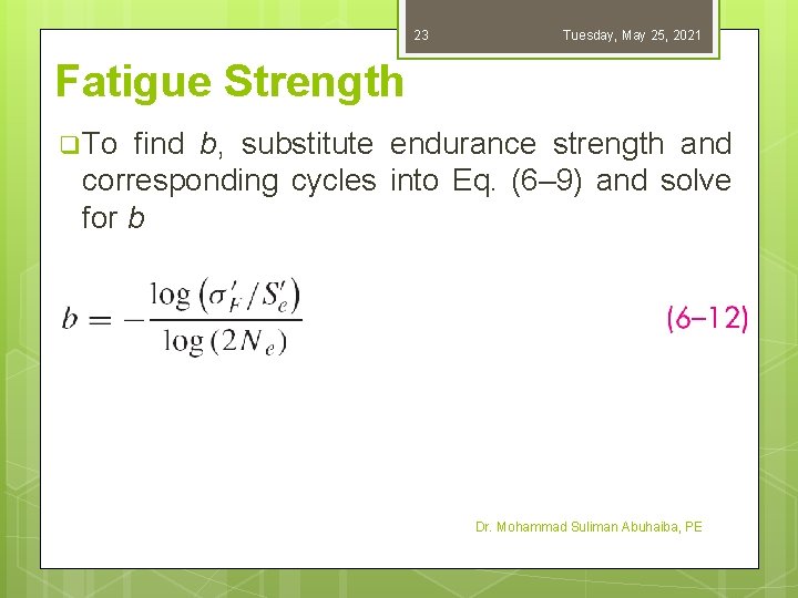 23 Tuesday, May 25, 2021 Fatigue Strength q To find b, substitute endurance strength