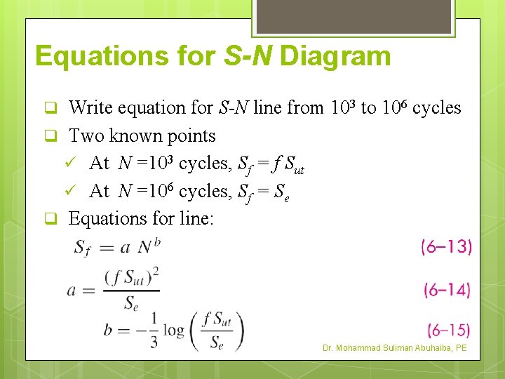 Equations for S-N Diagram Write equation for S-N line from 103 to 106 cycles