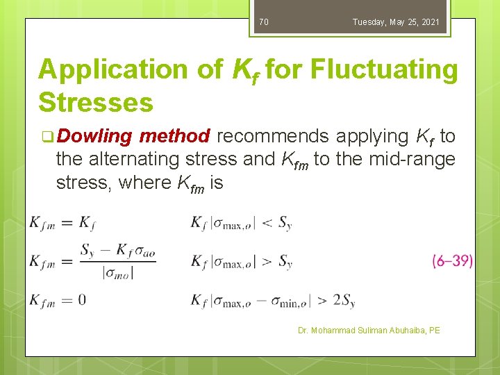 70 Tuesday, May 25, 2021 Application of Kf for Fluctuating Stresses q Dowling method