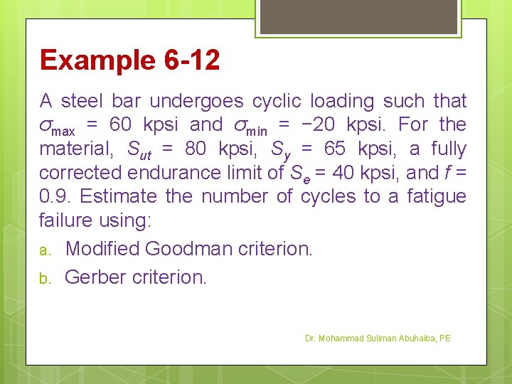 Example 6 -12 A steel bar undergoes cyclic loading such that σmax = 60